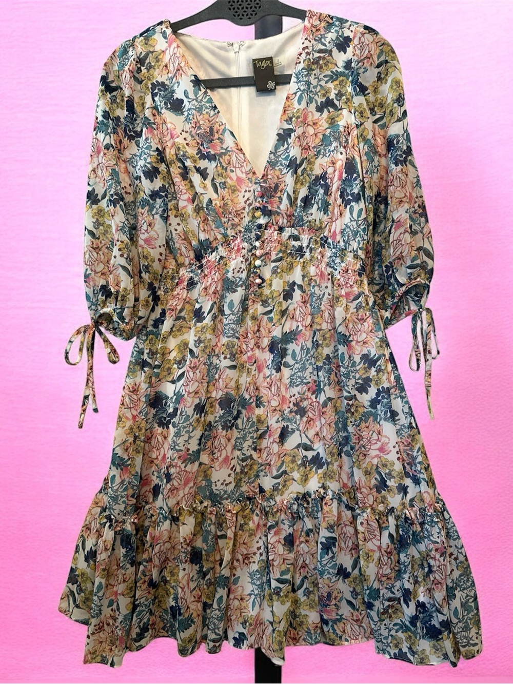 Taylor Floral V-Neck Tiered Dress in Cream, Pink & Blue